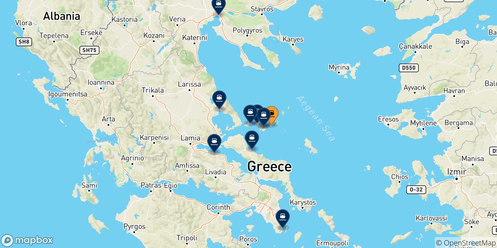 Map of the possible routes between Alonissos and Greece