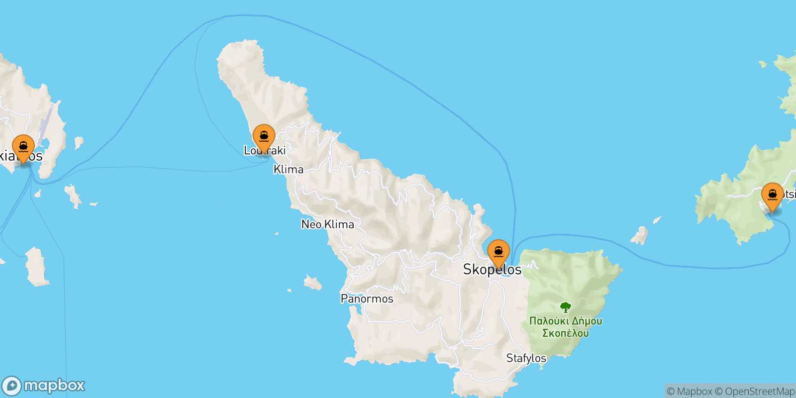 Map of the ports connected with  Glossa (Skopelos)