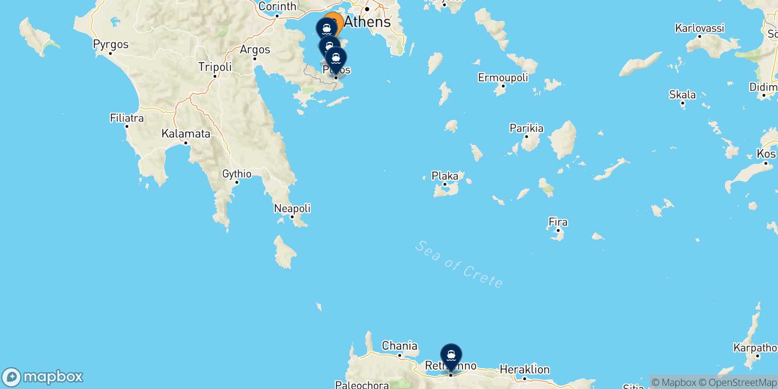 Map of the destinations reachable from Aegina