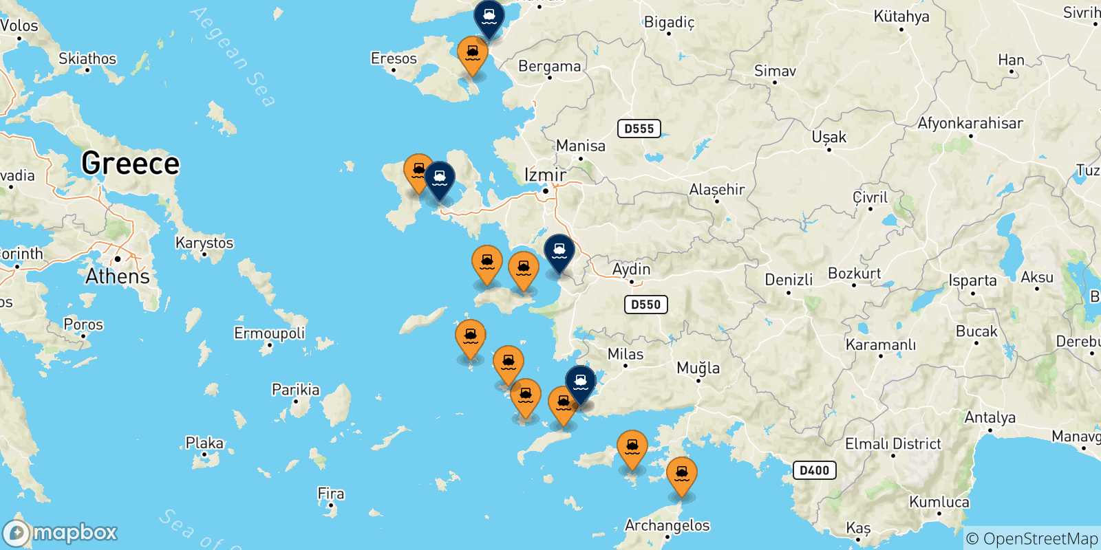 Map of the ports connected with  Turkey