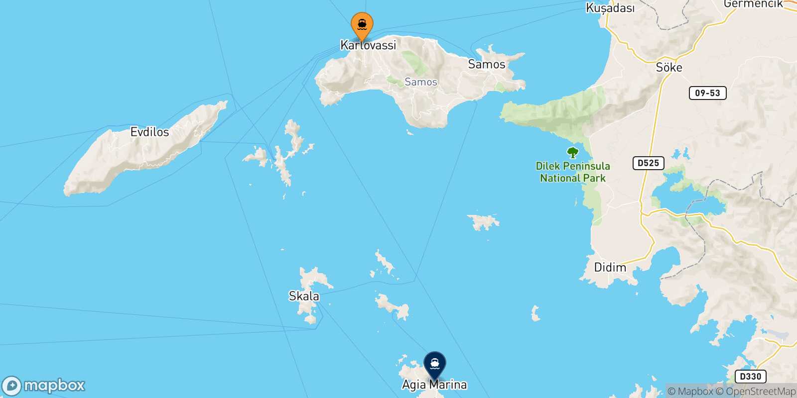 Pythagorio (Samos) Leros route map