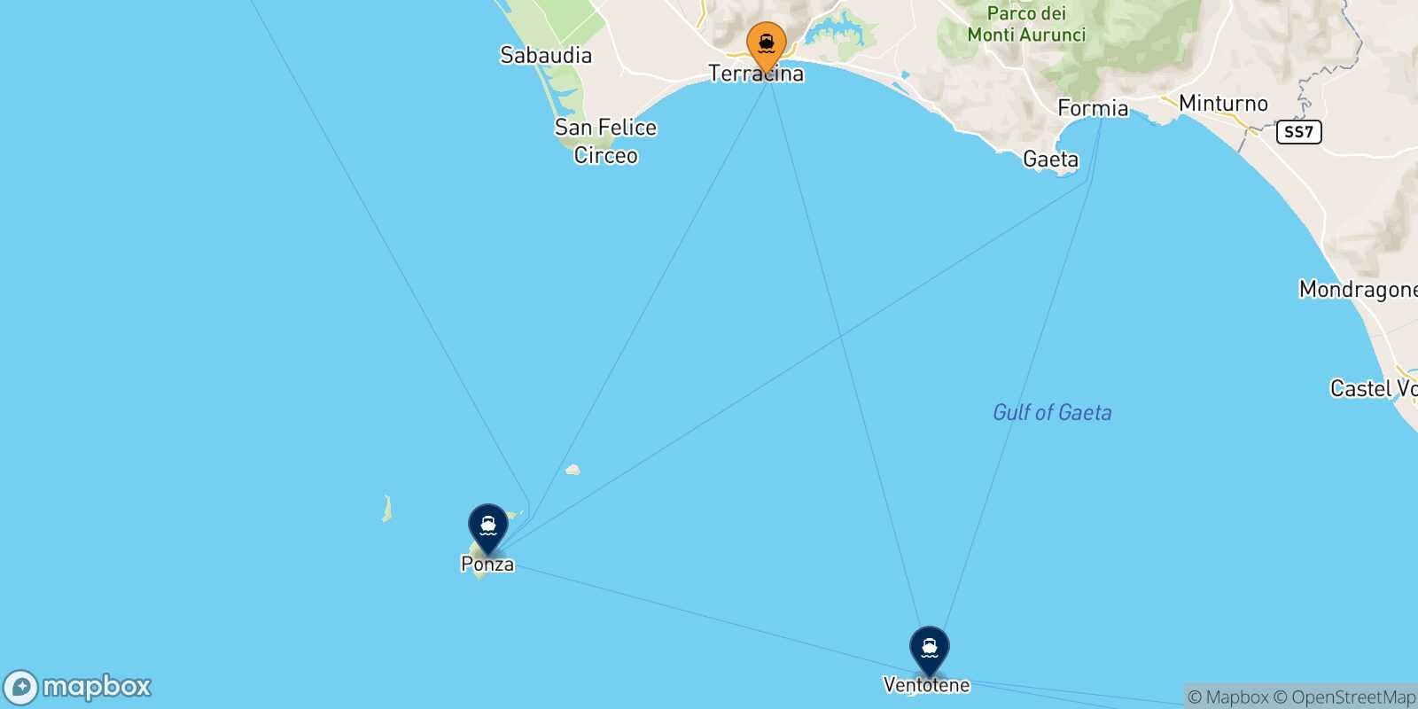 Map of the destinations reachable from Terracina