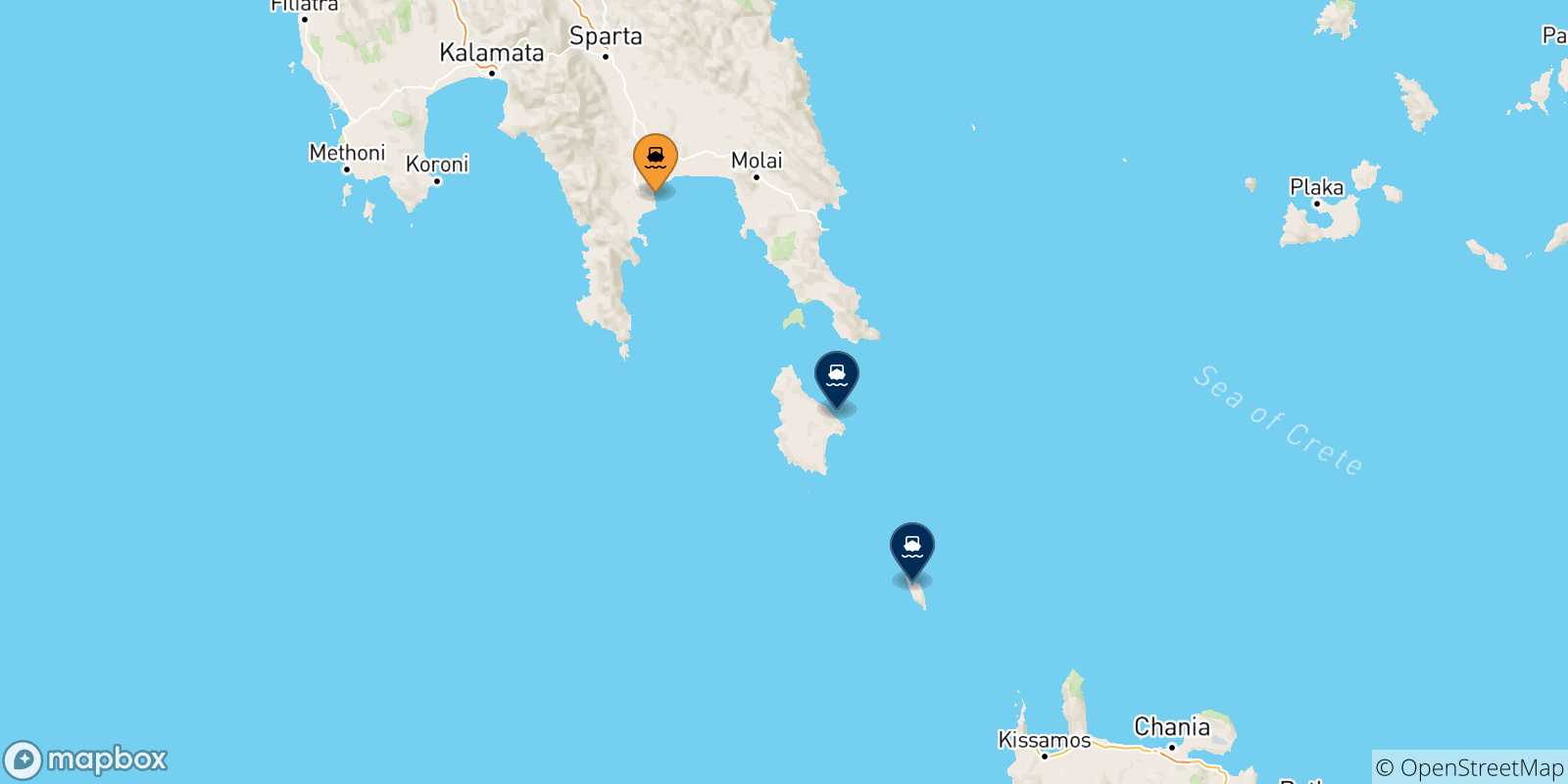 Map of the possible routes between Gythio and Ionian Islands