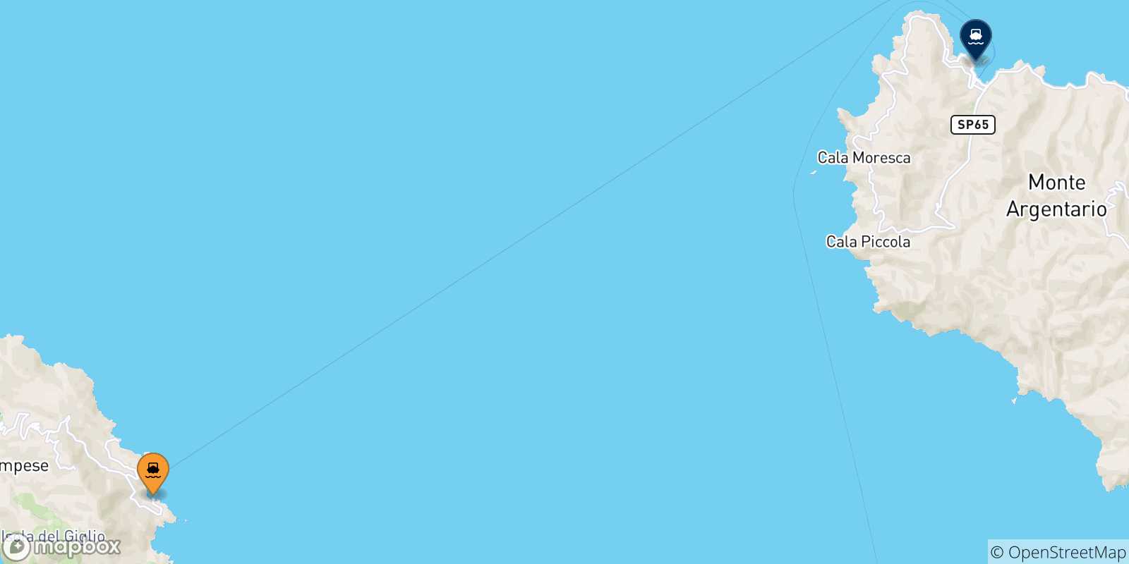 Map of the possible routes between Giglio Island and Italy