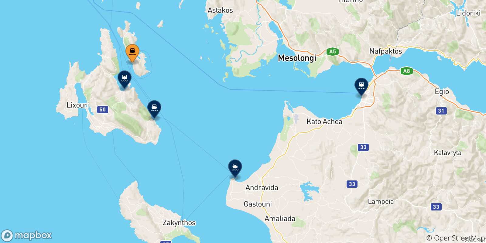 Map of the possible routes between Pisaetos (Ithaka) and Greece