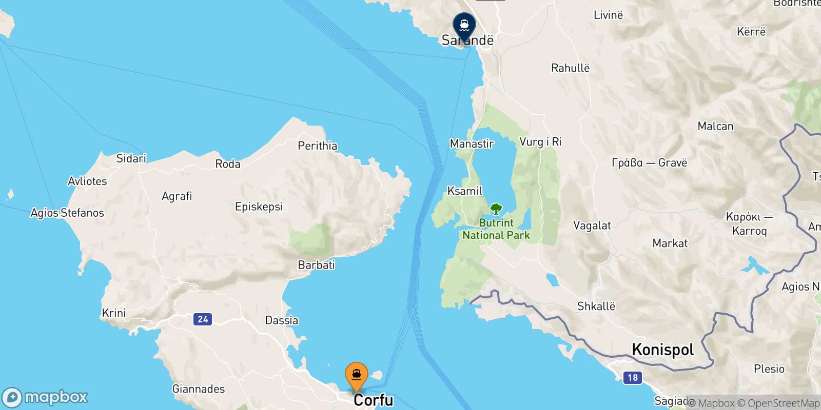 Corfu Saranda route map