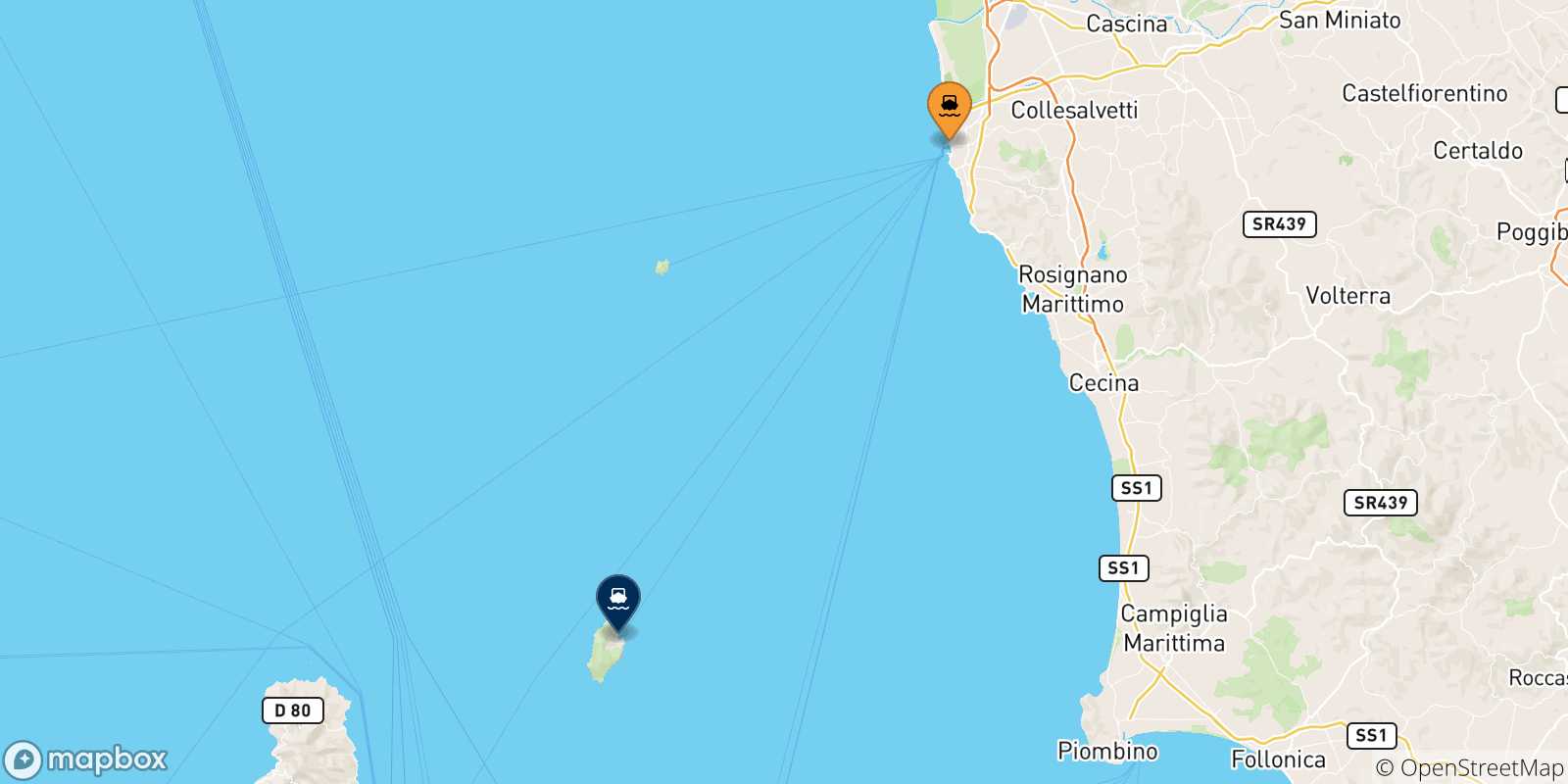 Map of the possible routes between Livorno and Capraia Island