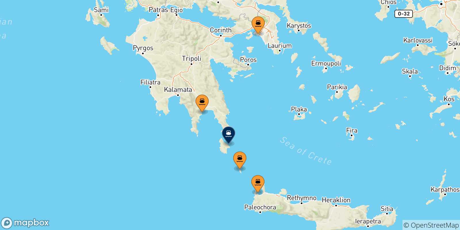 Map of the possible routes between Greece and Kythira