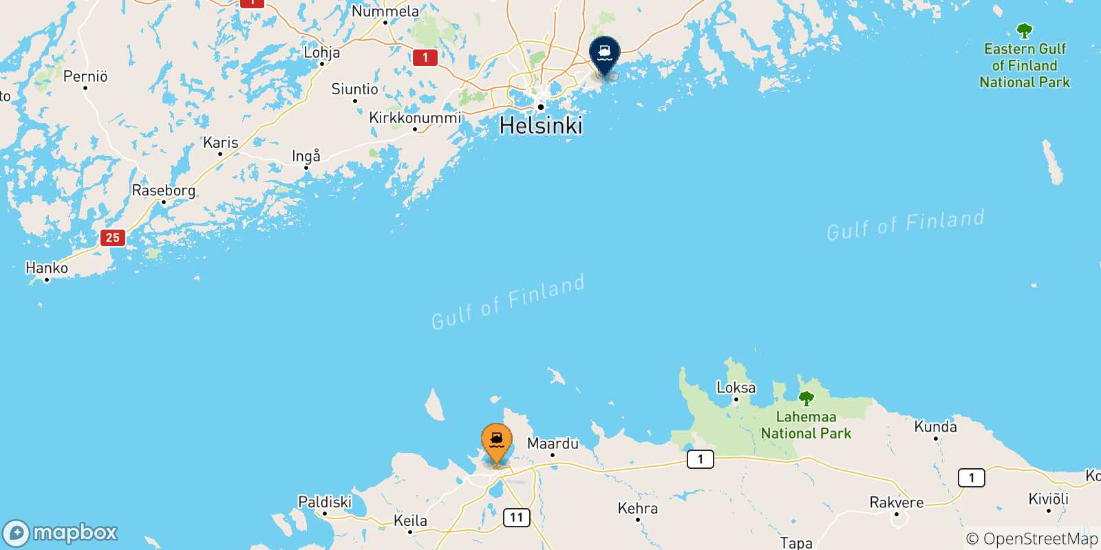 Map of the possible routes between Estonia and Helsinki