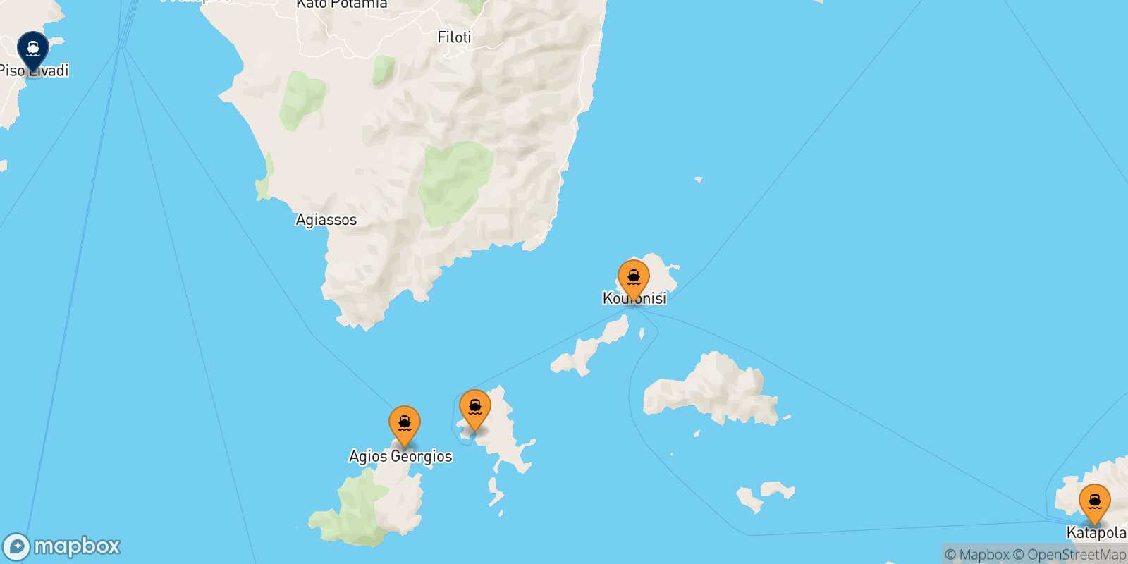 Map of the ports connected with  Piso Livadi (Paros)