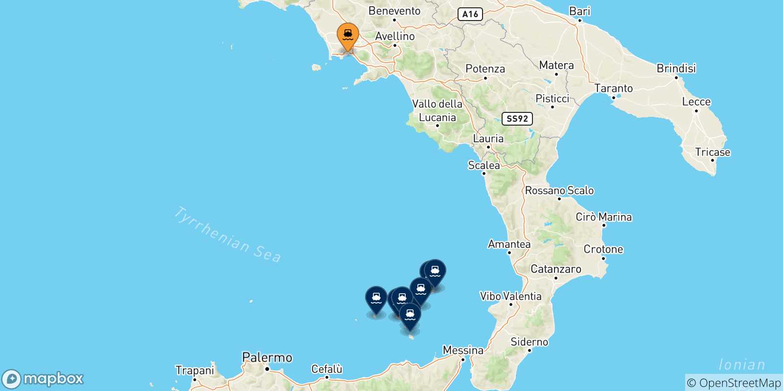 Map of the possible routes between Naples and Aeolian Islands