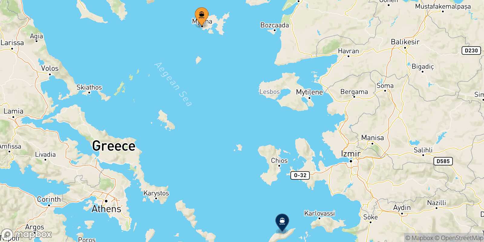 Myrina (Limnos) Agios Kirikos (Ikaria) route map