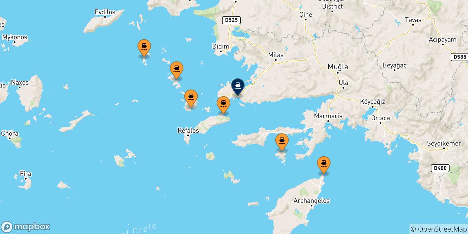 Map of the possible routes between Dodecanese Islands and Bodrum