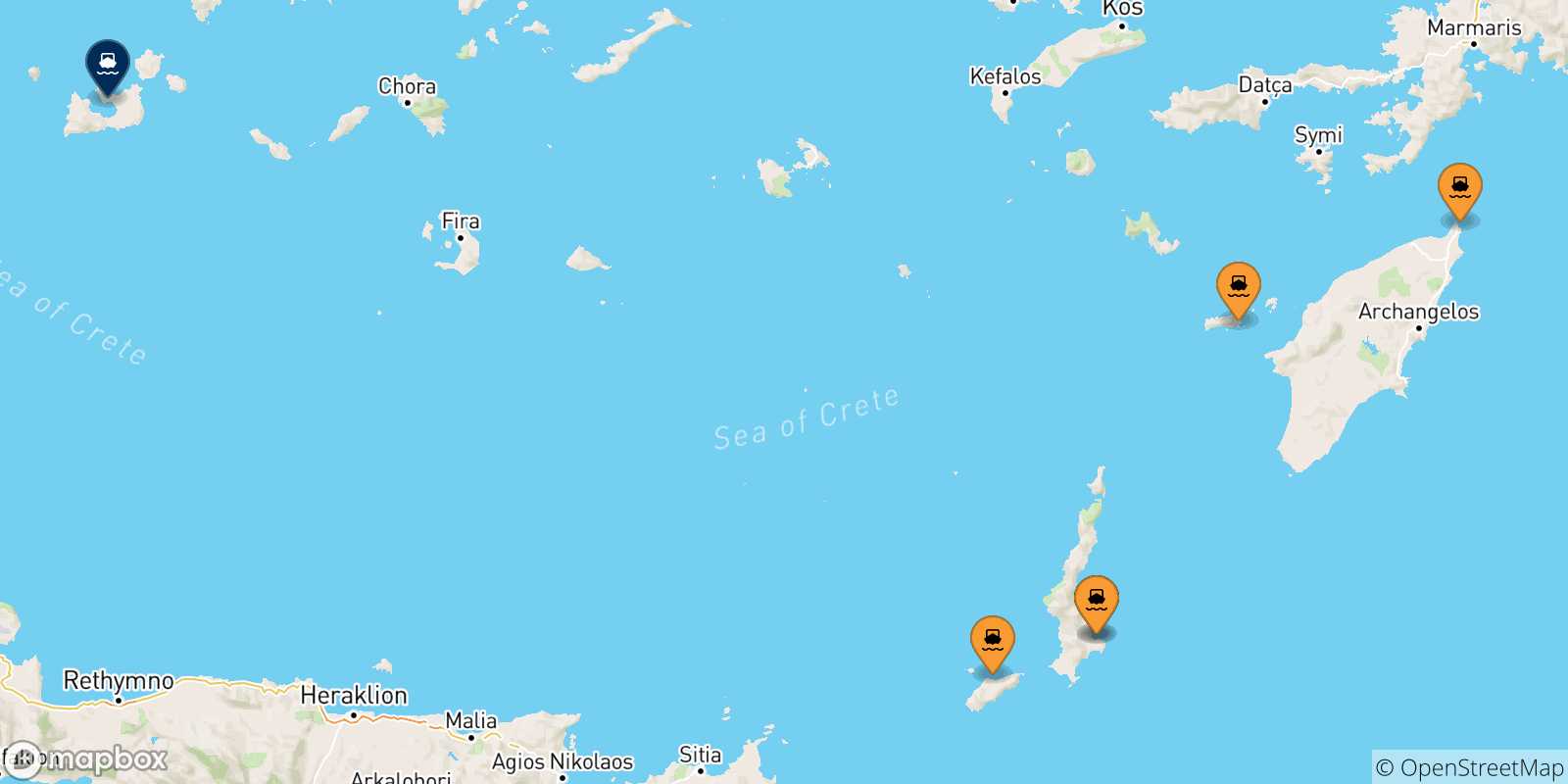 Map of the possible routes between Dodecanese Islands and Milos