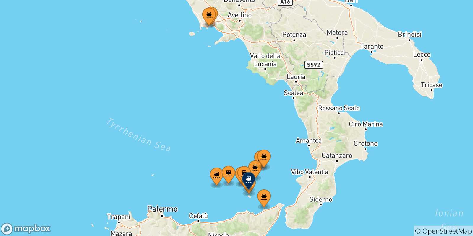 Map of the possible routes between Italy and Lipari