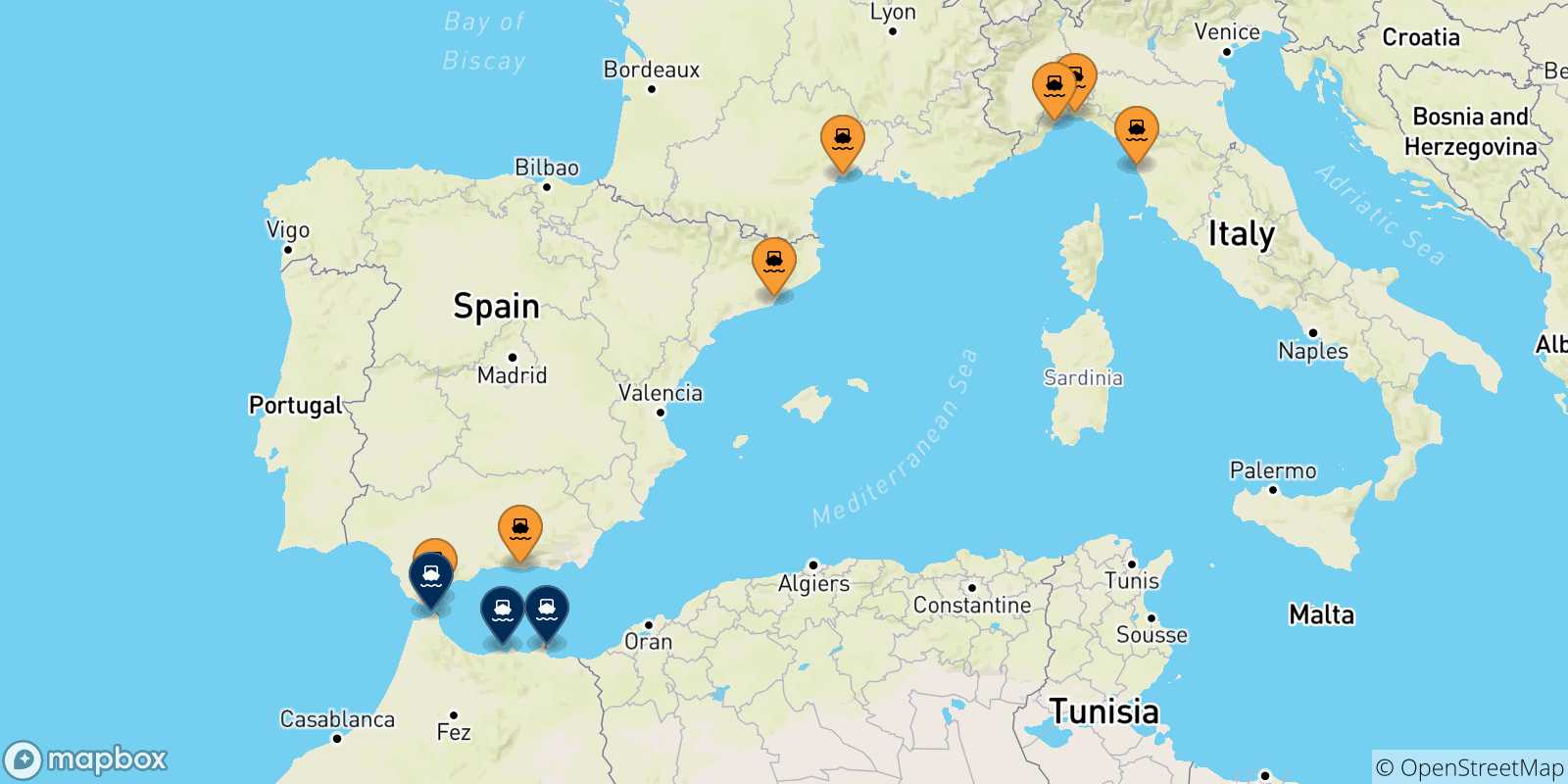 Map of the ports connected with  Morocco