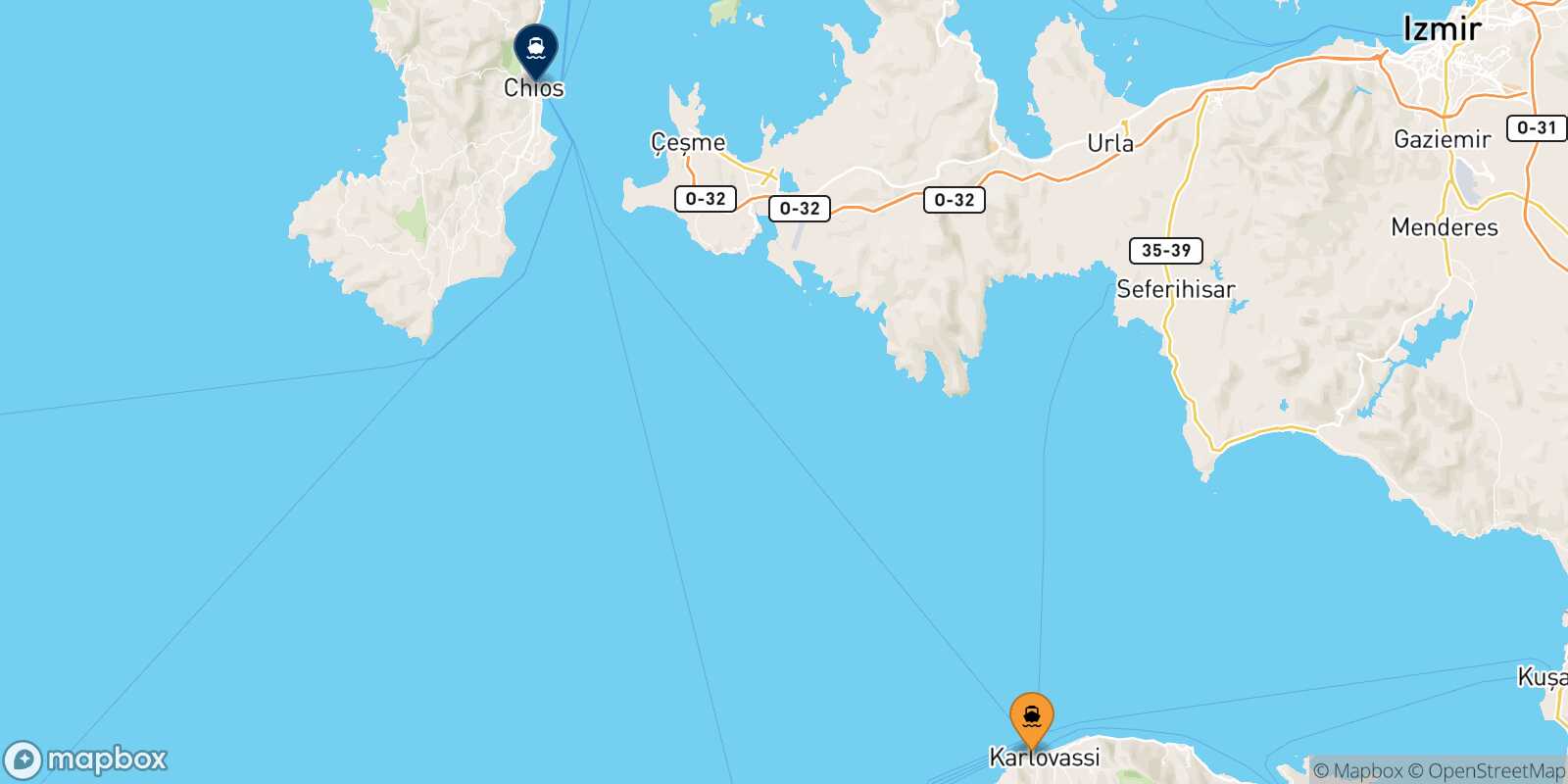 Karlovassi (Samos) Chios route map
