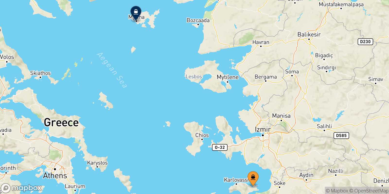 Vathi (Samos) Myrina (Limnos) route map