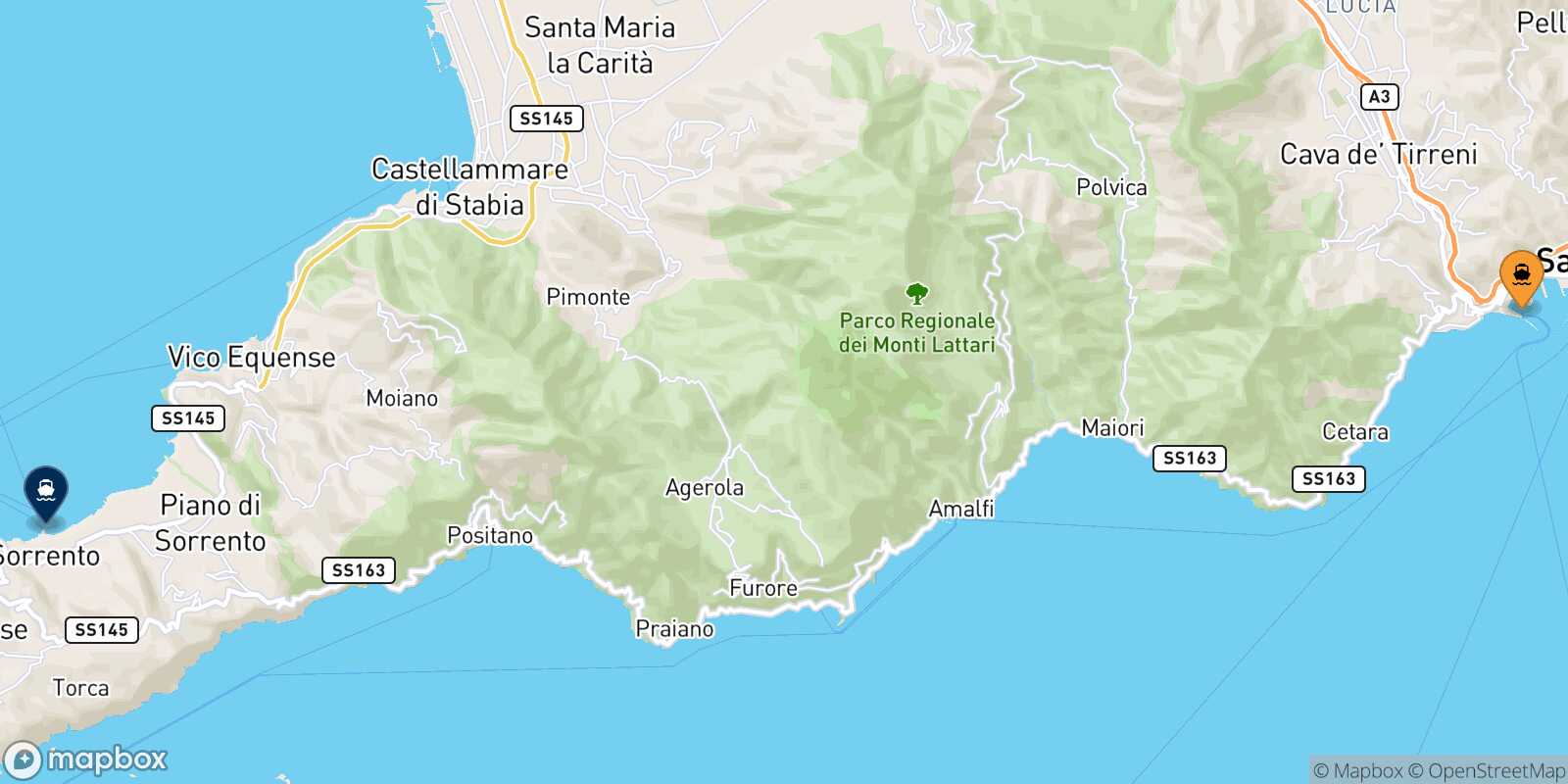 Salerno Sorrento route map