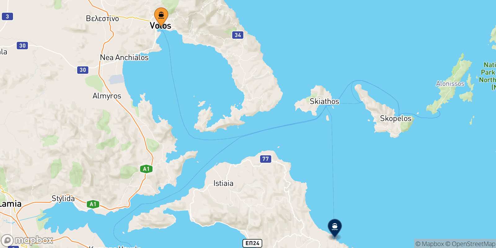 Volos Mantoudi (Evia) route map