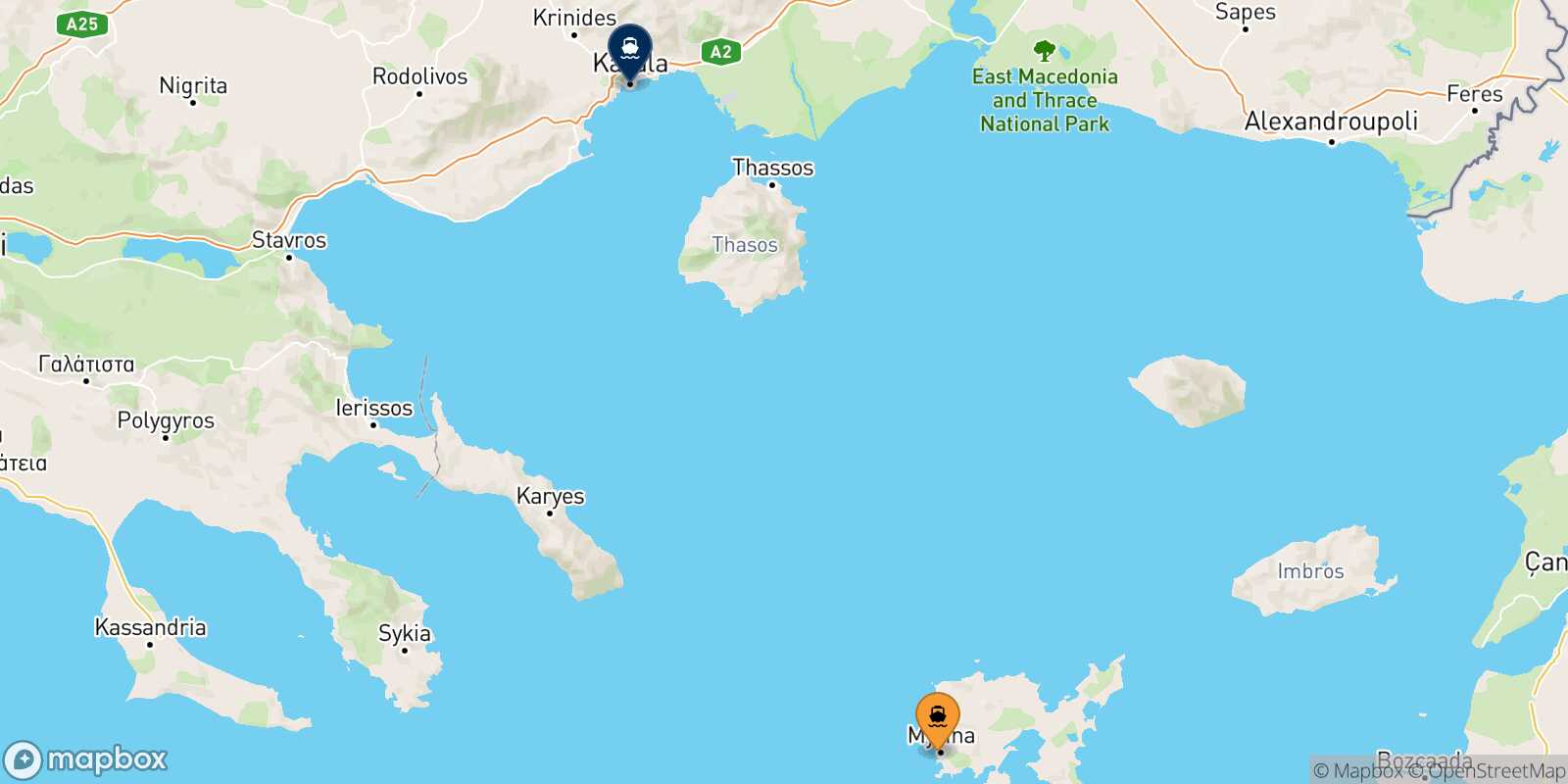 Myrina (Limnos) Kavala route map