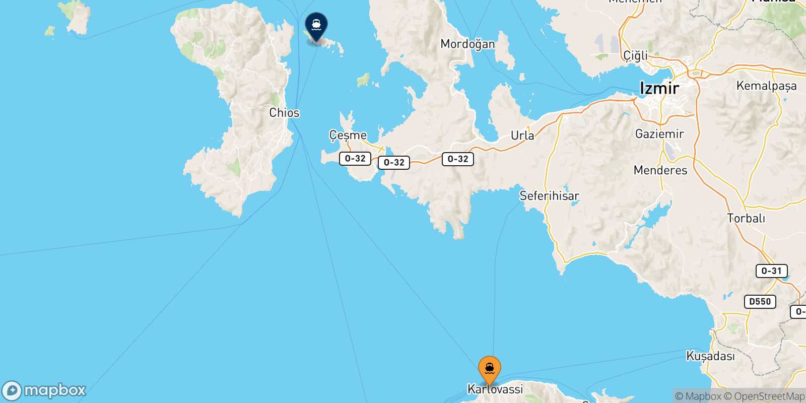 Karlovassi (Samos) Inousses route map