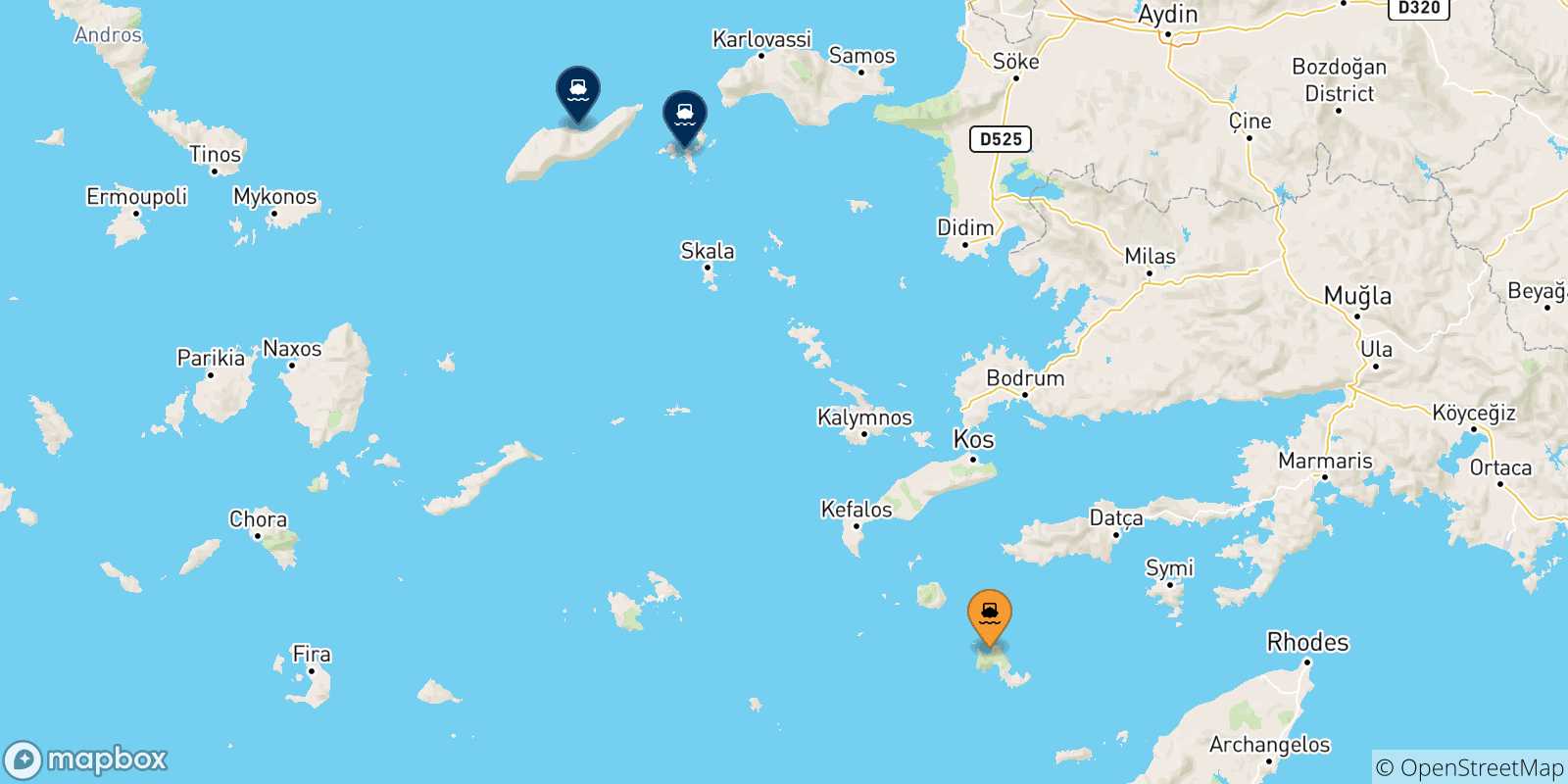 Map of the possible routes between Tilos and Aegean Islands