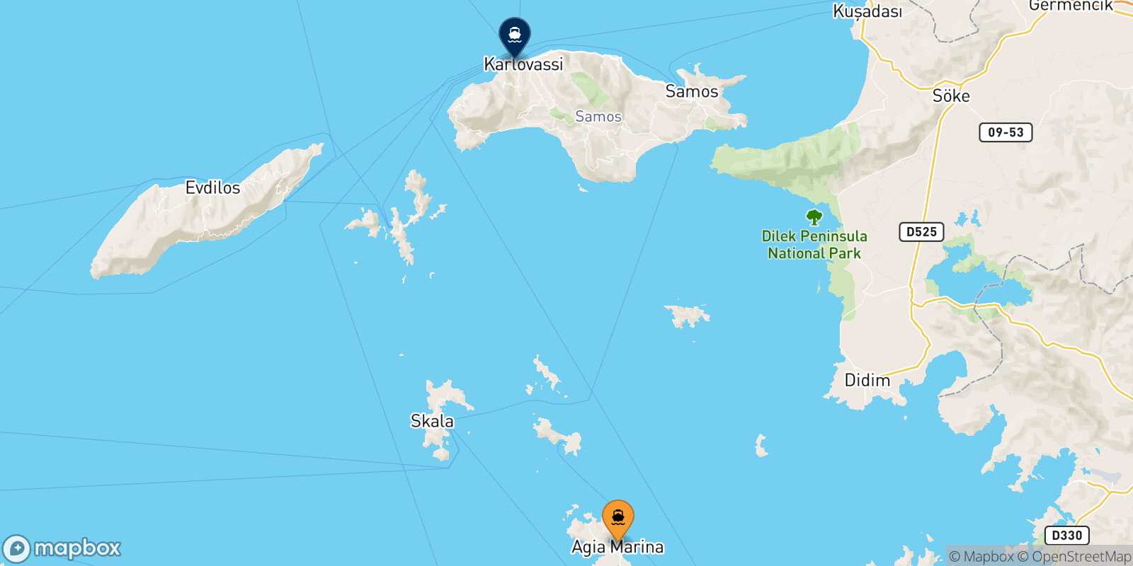 Agia Marina (Leros) Pythagorio (Samos) route map