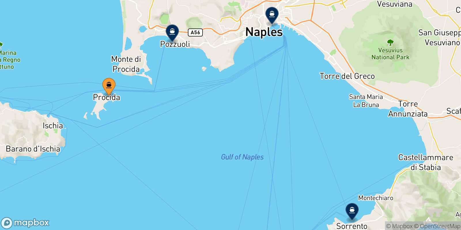 Map of the destinations reachable from Procida