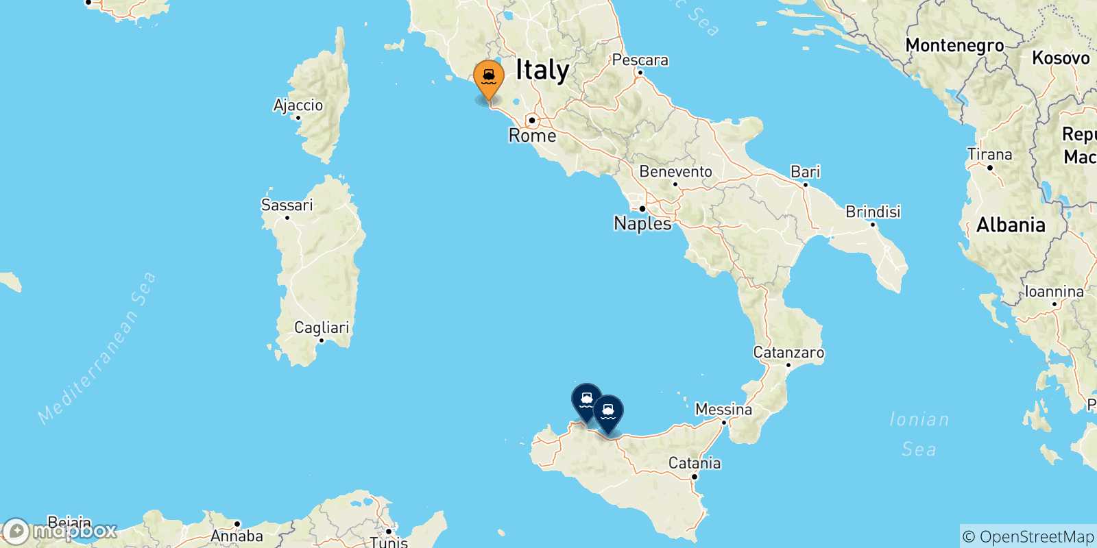 Map of the possible routes between Civitavecchia and Sicily