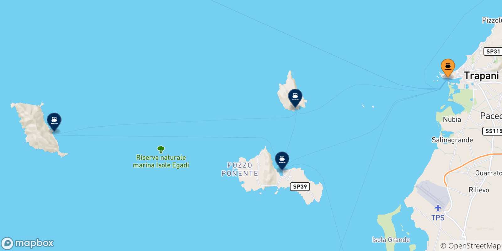 Map of the possible routes between Trapani and Aegadian Islands