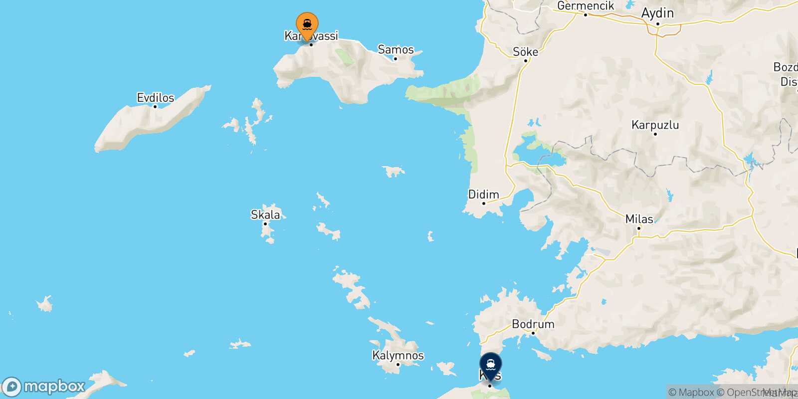 Pythagorio (Samos) Kos route map