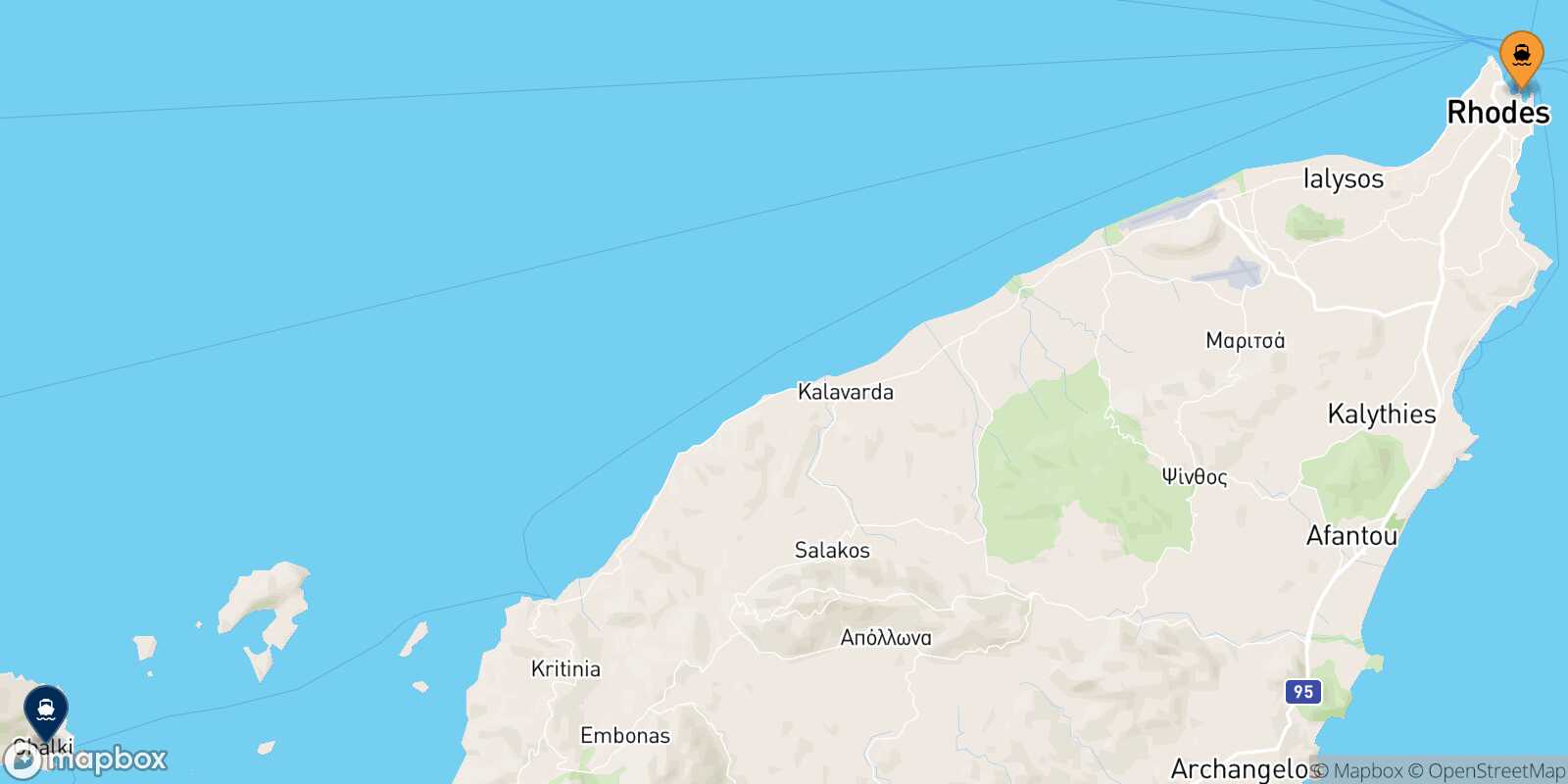 Skala Kamirou (Rhodes) Chalki route map
