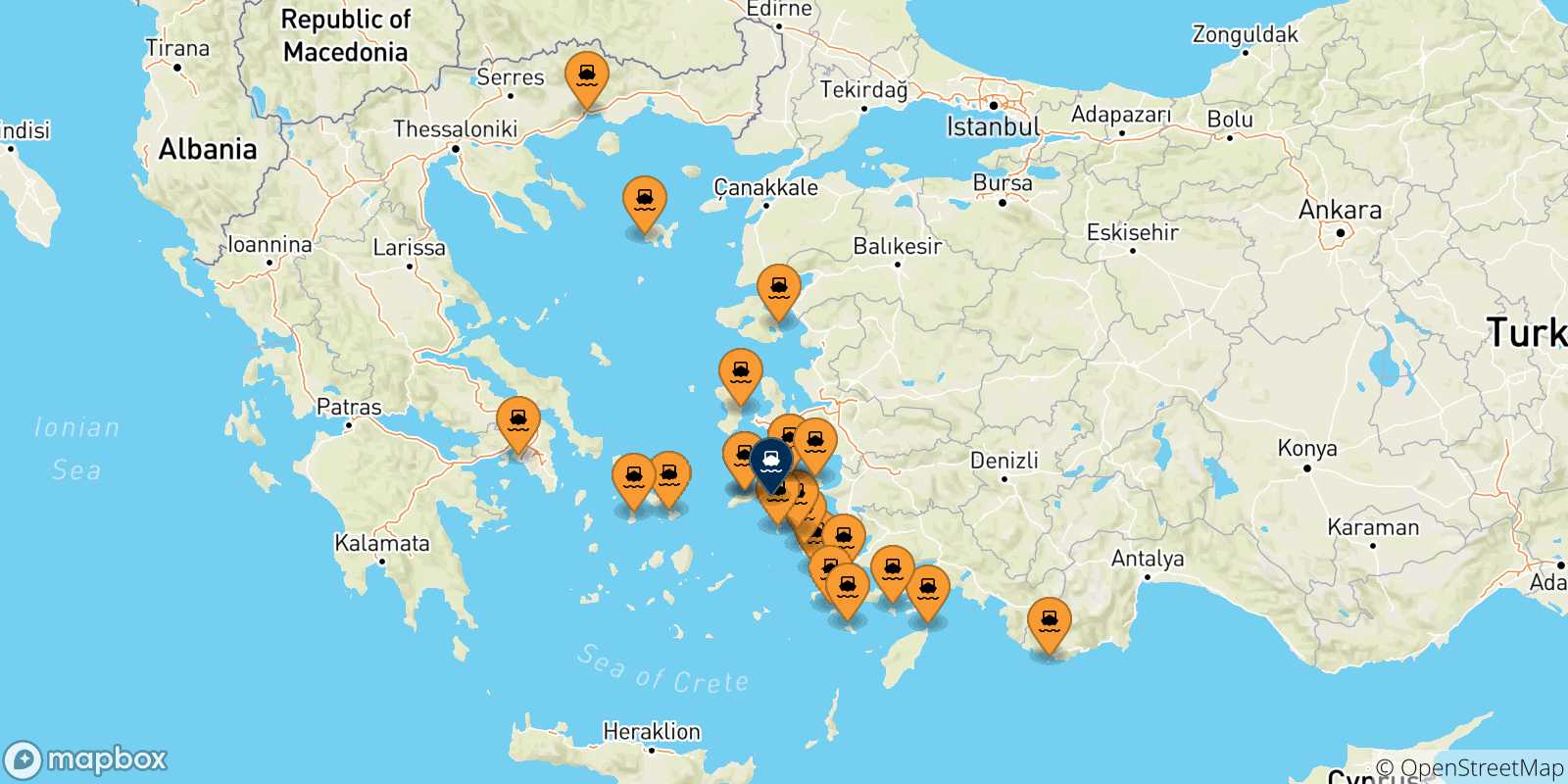 Map of the possible routes between Greece and Fourni