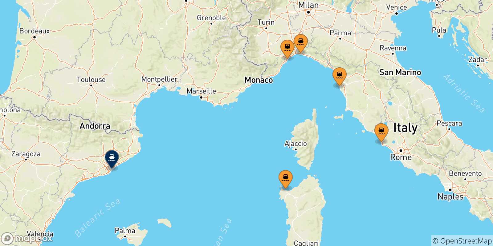 Map of the possible routes between Italy and Spain