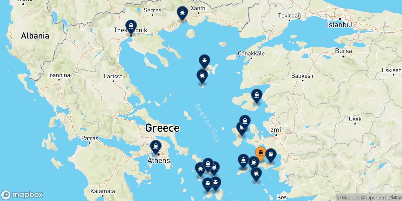 Map of the destinations reachable from Karlovassi (Samos)