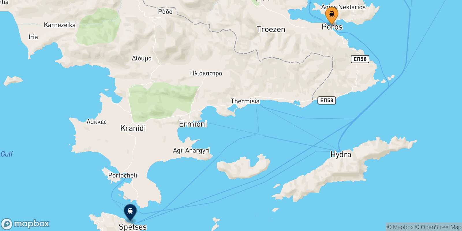 Poros Spetses route map