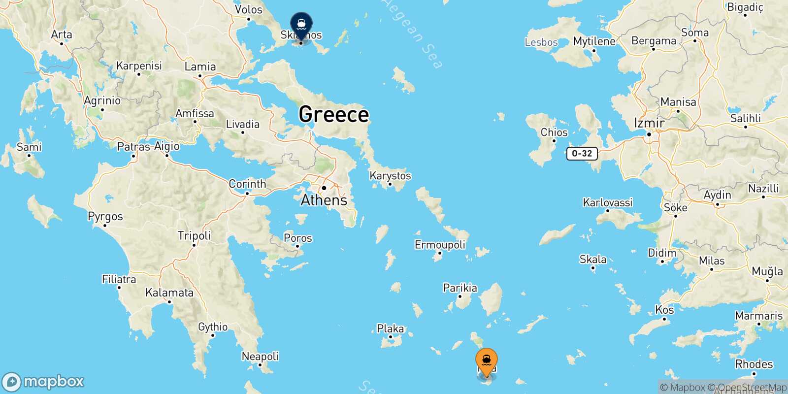 Map of the destinations reachable from Thira (Santorini)