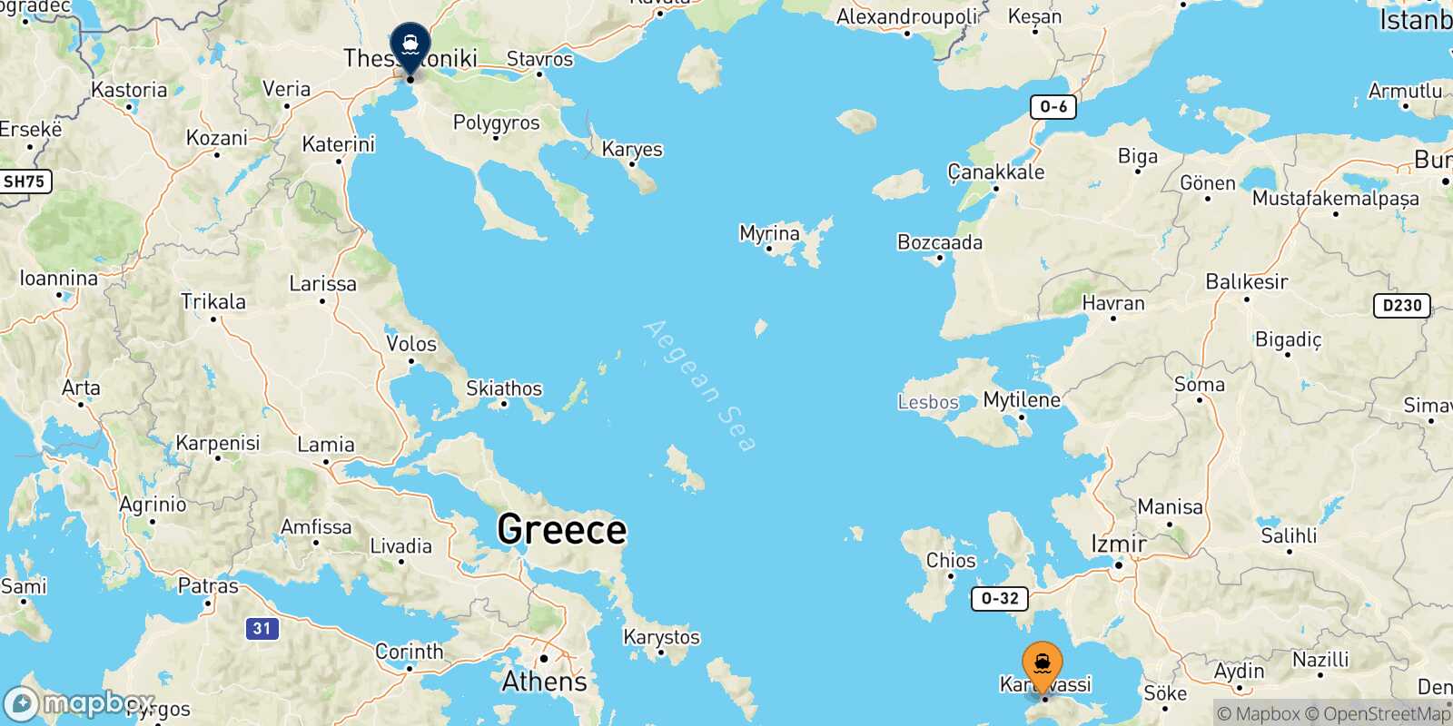 Karlovassi (Samos) Thessaloniki route map