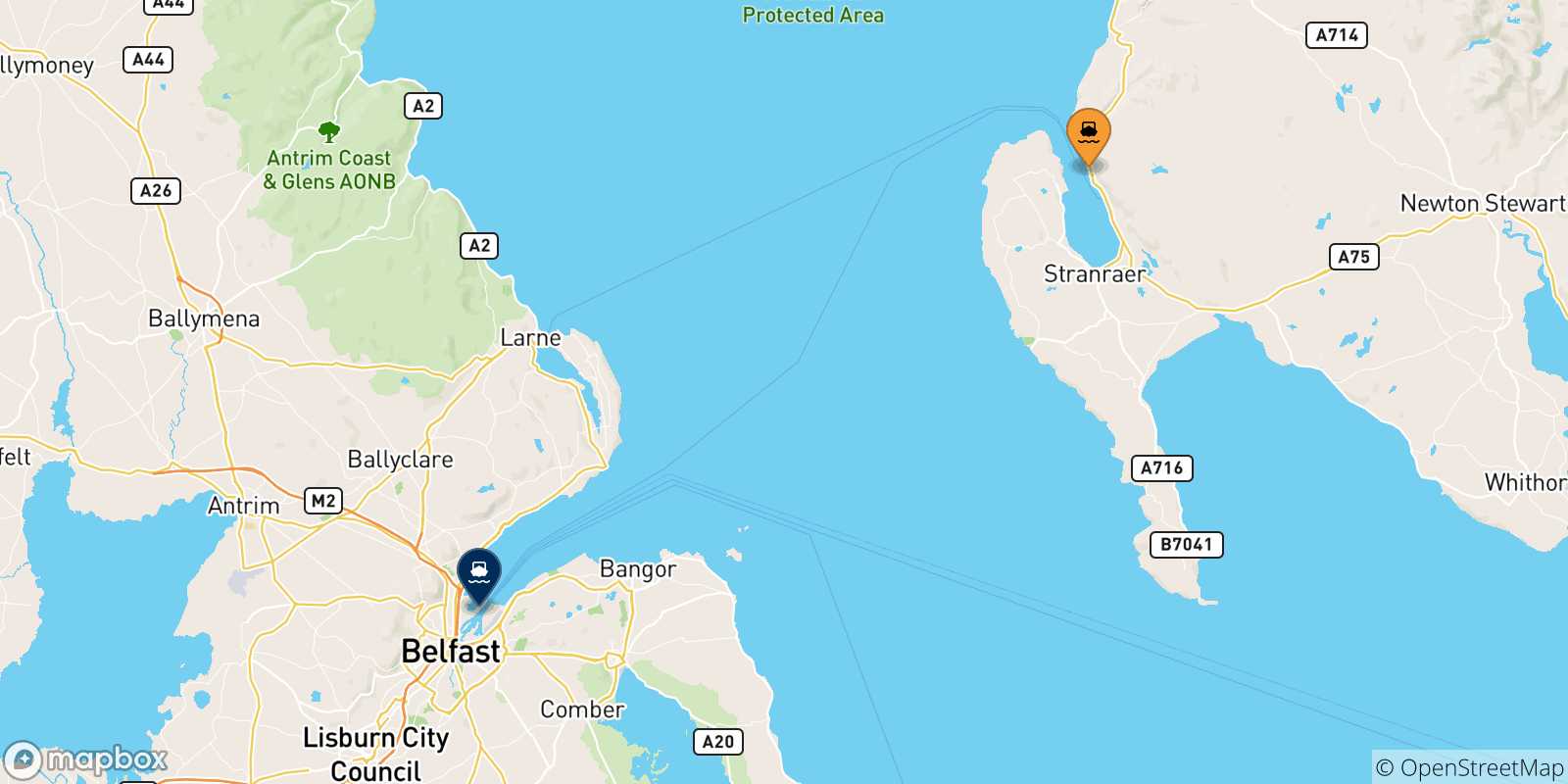 Map of the possible routes between Scotland and Northern Ireland