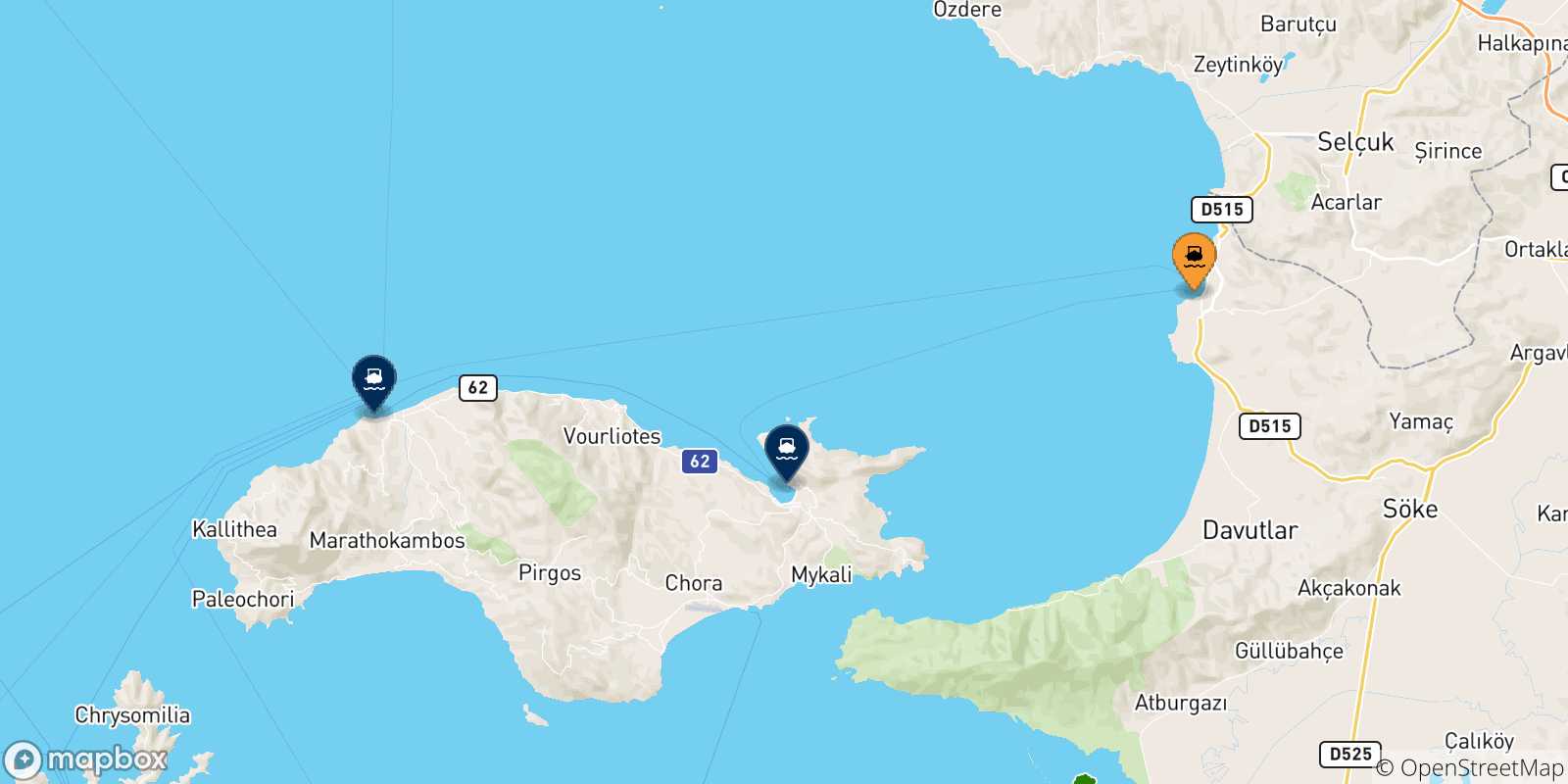Map of the possible routes between Kusadasi and Aegean Islands