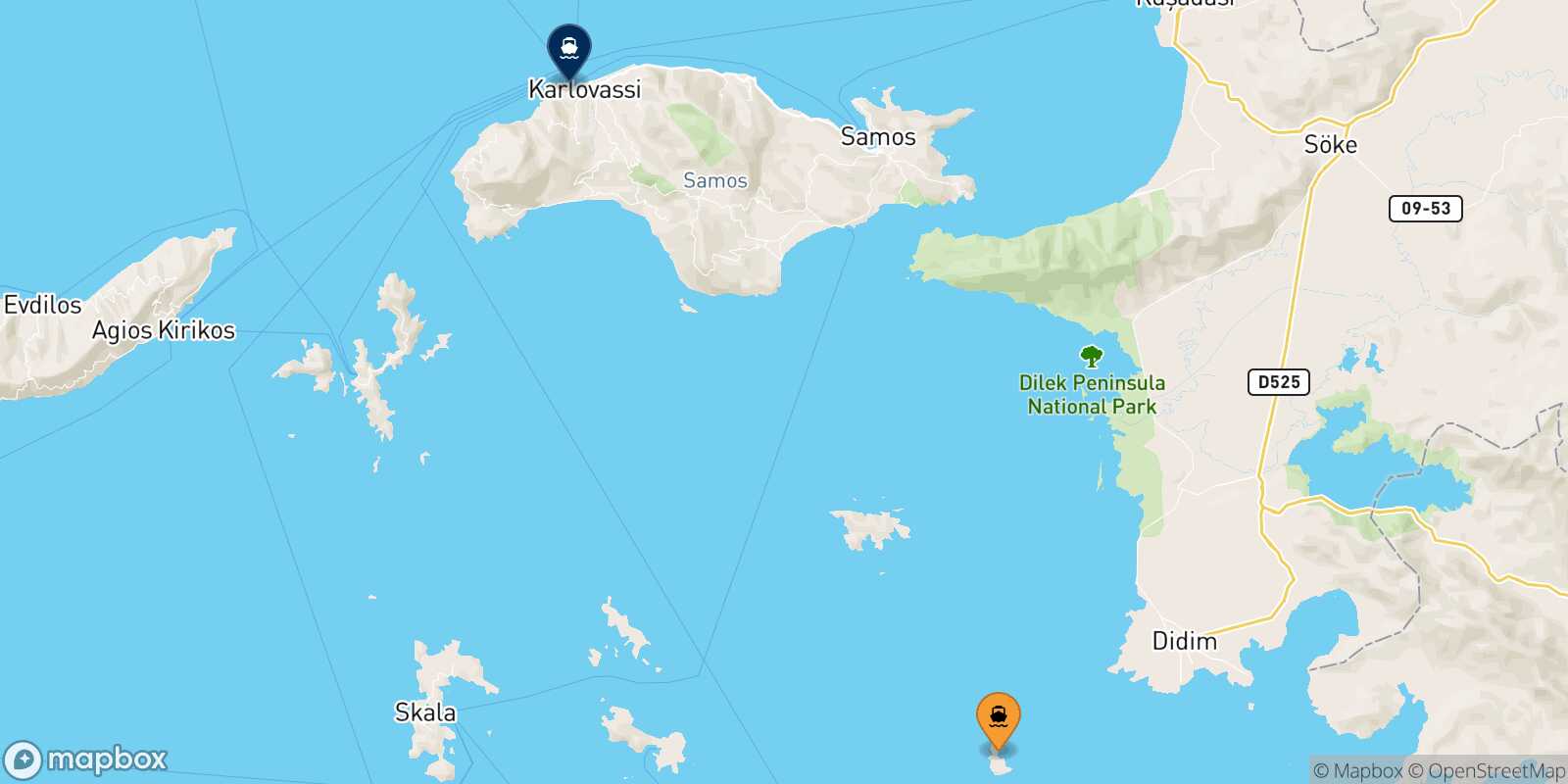 Farmakonisi Pythagorio (Samos) route map