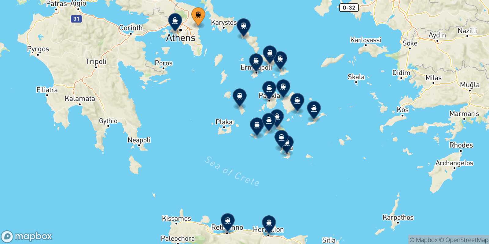 Map of the destinations reachable from Rafina