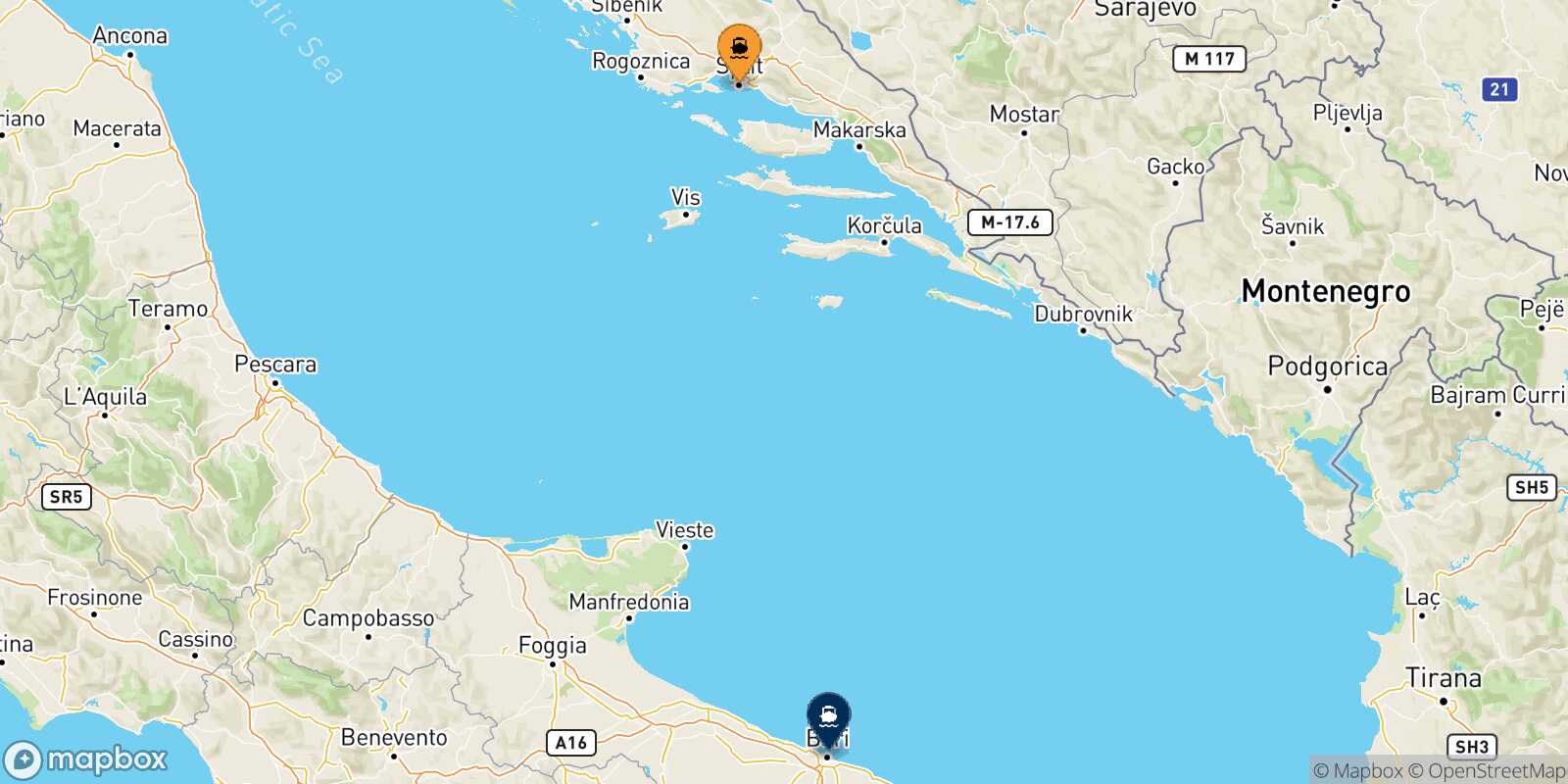 Split Bari route map