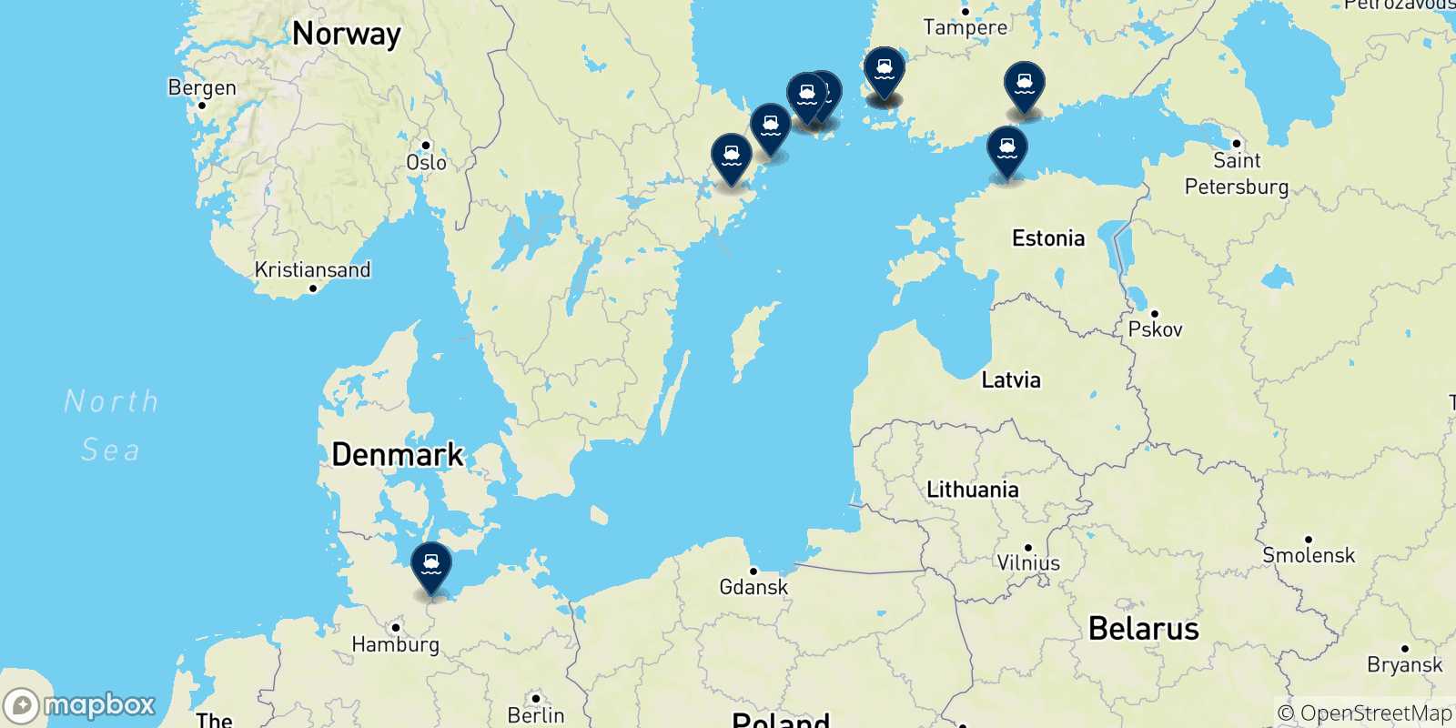 Map of the destinations reachable from Finland