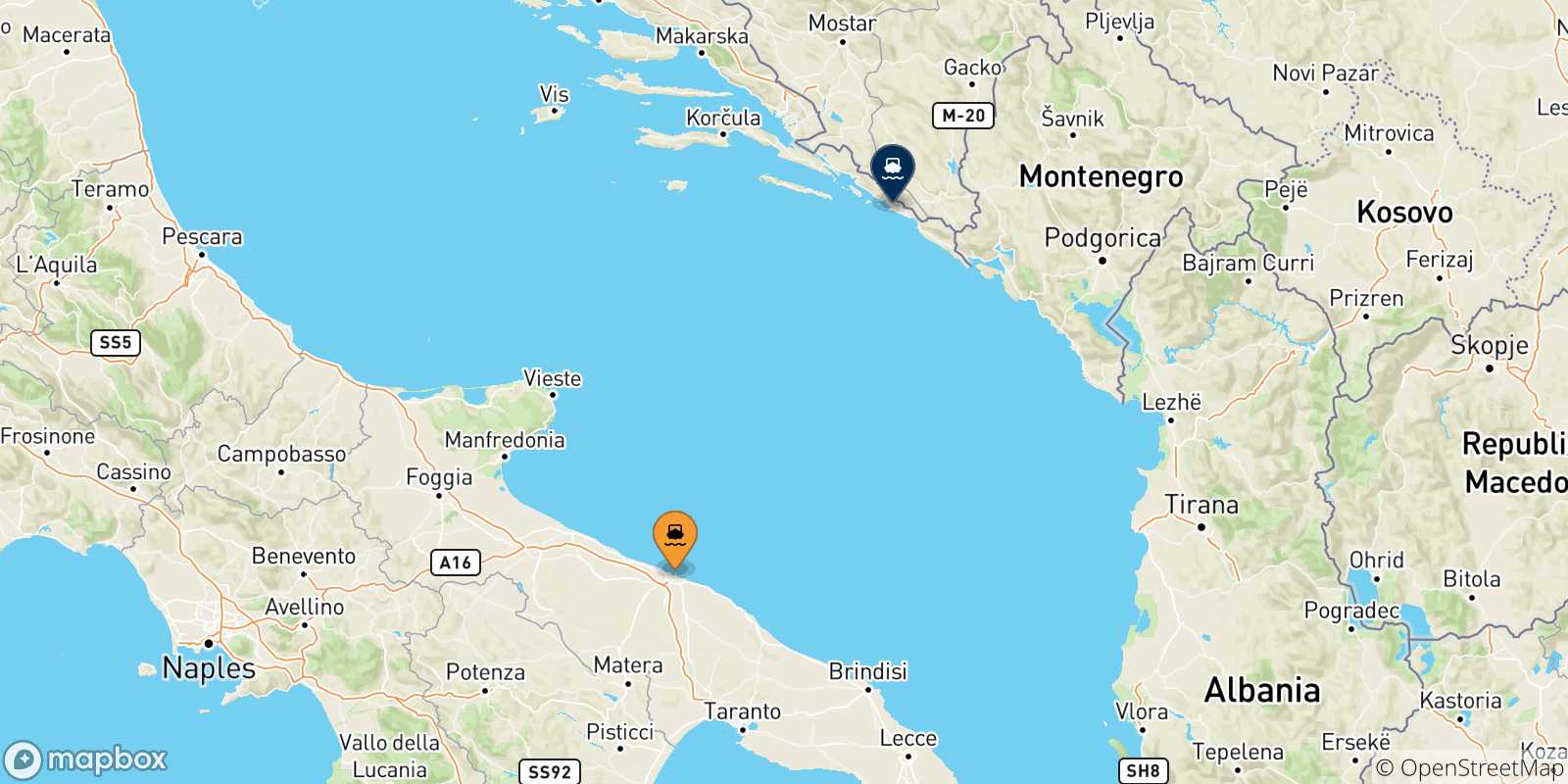 Map of the possible routes between Bari and Croatia