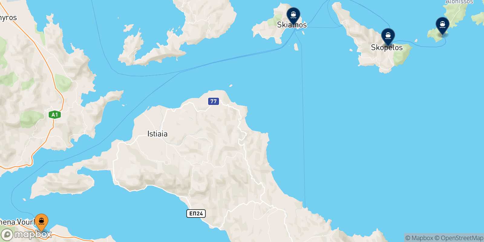 Map of the destinations reachable from Agios Konstantinos