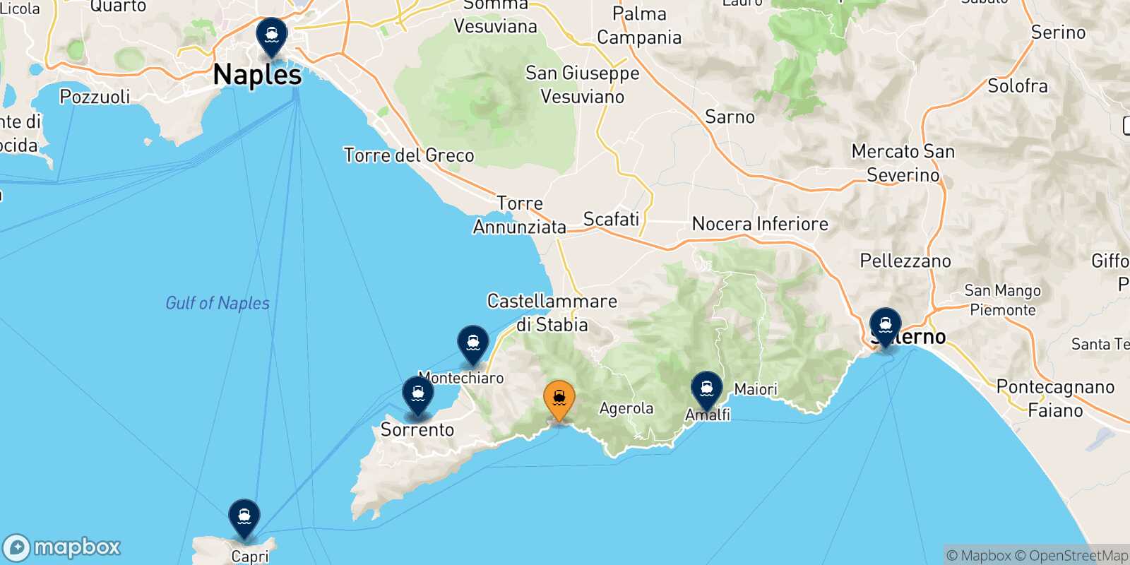 Map of the destinations reachable from Positano