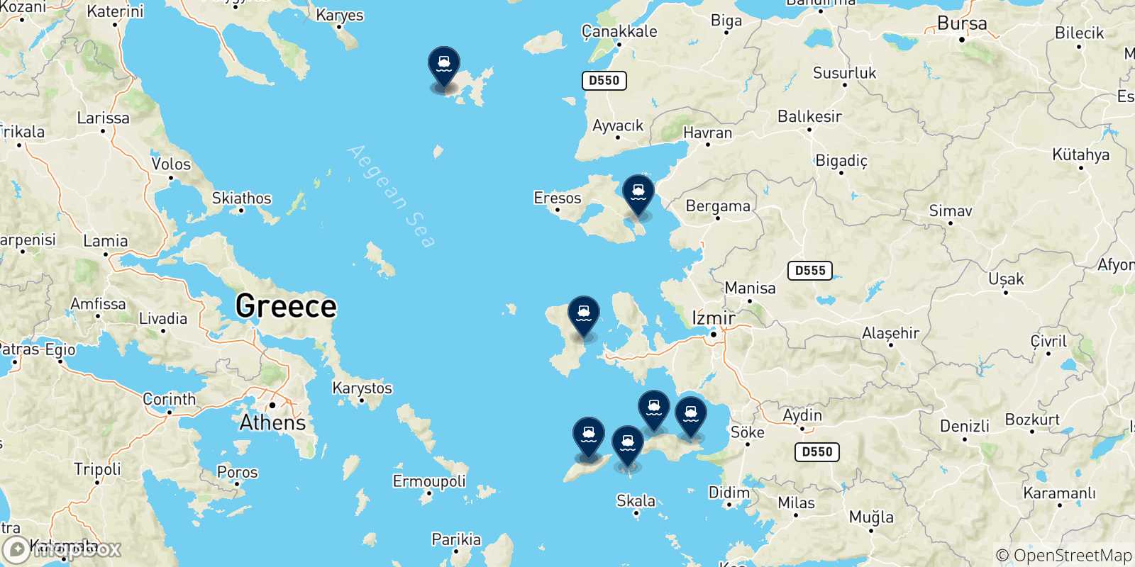Map of the possible routes between Myrina (Limnos) and Aegean Islands