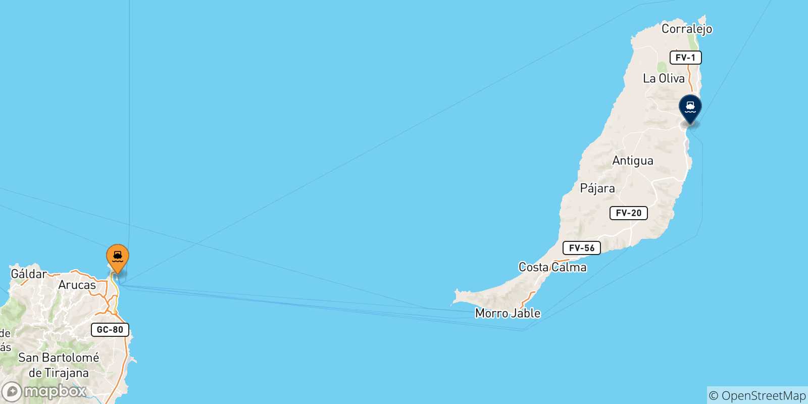 Map of the possible routes between Spain and Puerto Del Rosario (Fuerteventura)